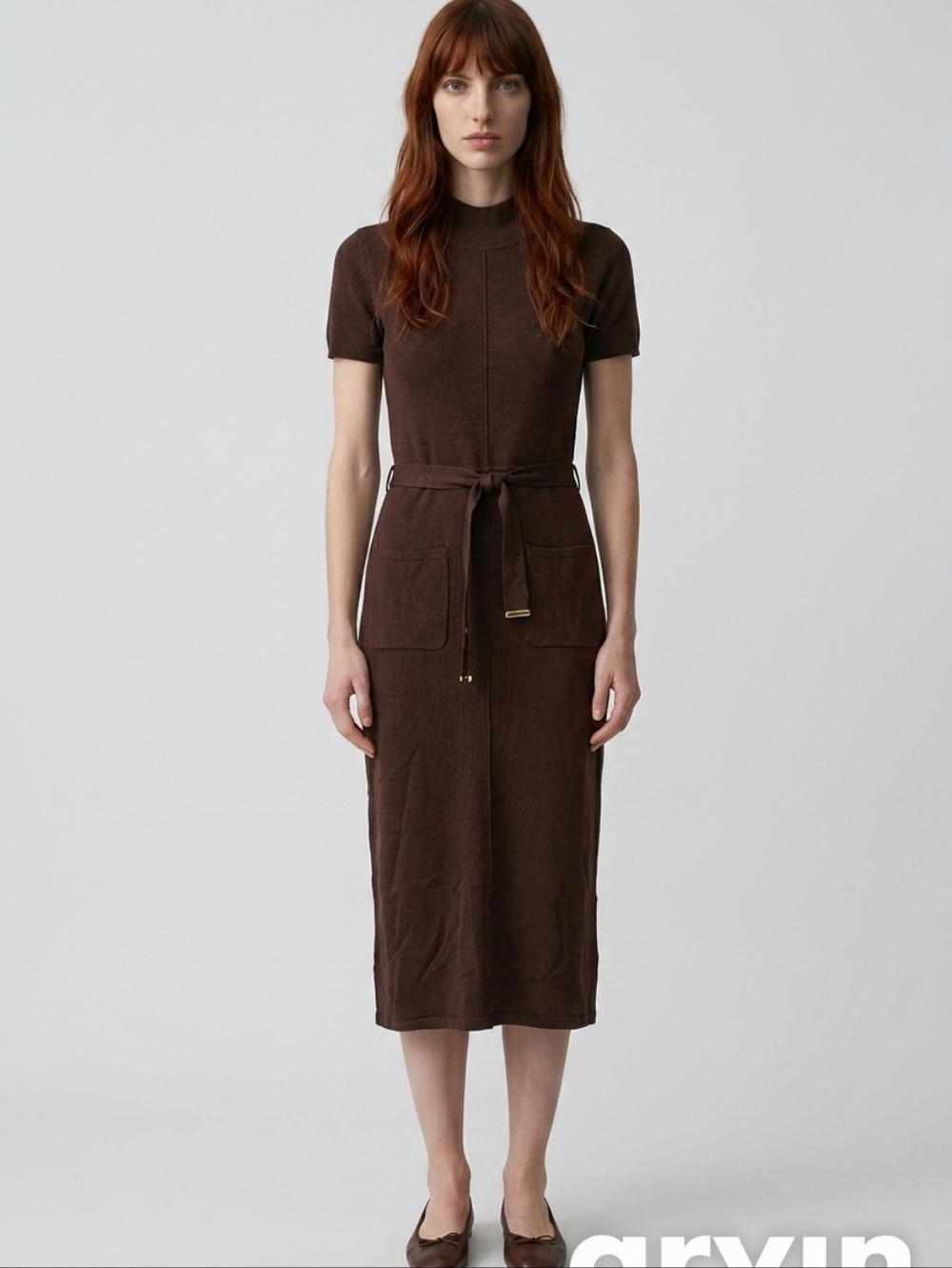 Robbie Bee Chocolate Brown Short-Sleeve Midi Dress with Waist Tie